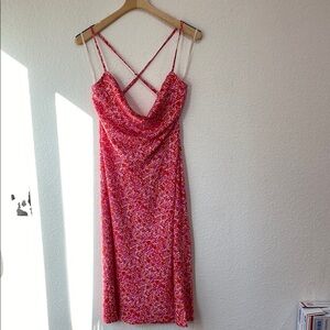 Aakaa Women's Red Floral Spaghetti Strap Cowl Neck Summer Dress Sz M